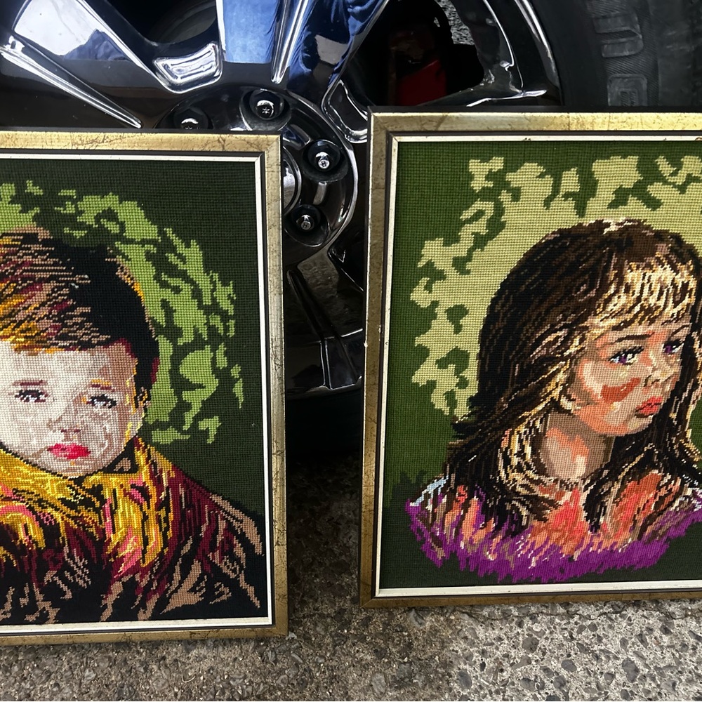 2 Antique Embroidery Portraits very very old